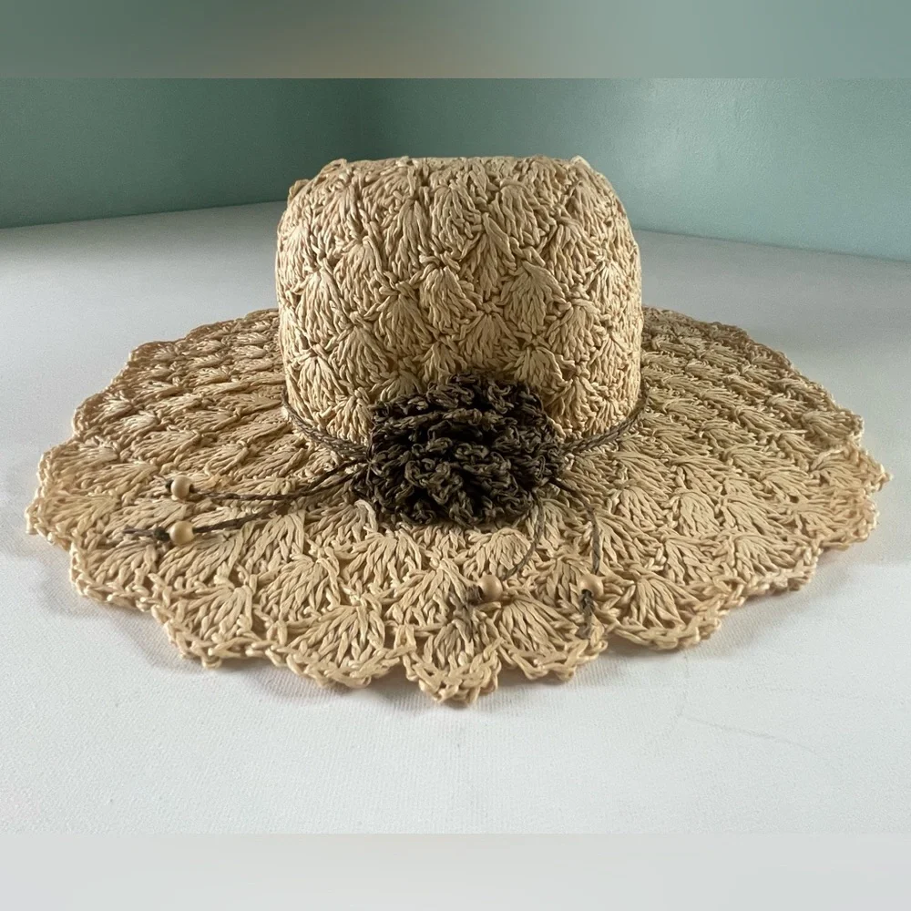 Floppy Textured Wide Brim Sun Hat with Brown Flower One Size